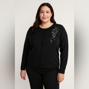 Karen Lessly Black Embellished Beaded Cardigan Sweater Women’s Plus 1